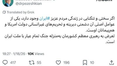 رئیس جمهور ایران اعلام کرد که حمله به رهبر معظم انقلاب معادل یک جنگ تمام عیار علیه کل مردم است.